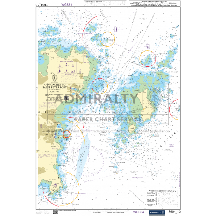 The Admiralty Small Craft Chart 5604_10: Guernsey - Approaches to Saint Peter Port, produced by Admiralty, illustrates coastlines, depth contours, landmarks, and navigational routes. Released by the UK Hydrographic Office, it features colored markings for maritime navigation aids and hazards.