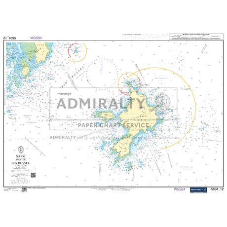 The "Admiralty Small Craft Chart 5604_12: Sark and The Big Russel" from Admiralty provides current navigation details, showcasing depths, coastlines, buoys, and shipping lanes around Sark with coordinates in WGS84.