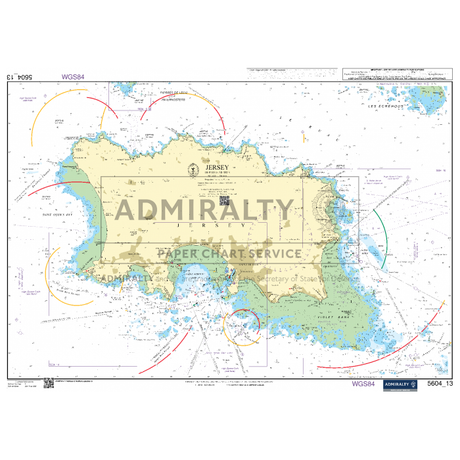 The Admiralty Small Craft Chart - 5604 - The Channel Islands, from the renowned Admiralty brand, is perfect for coastal navigation around Jersey, a Channel Island. This chart highlights coastal features, depth contours, and navigational aids. It includes the Admiralty insignia and an inset with latitude and longitude markings in the margins, making it ideal for maritime experts.