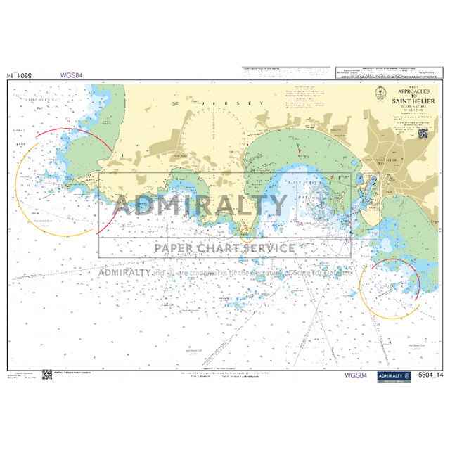 Admiralty Small Craft Chart 5604_14: Approaches to Saint Helier, developed by Admiralty, includes land outlines, water depth contours and essential navigation aids, with blue shading indicating shallow waters.