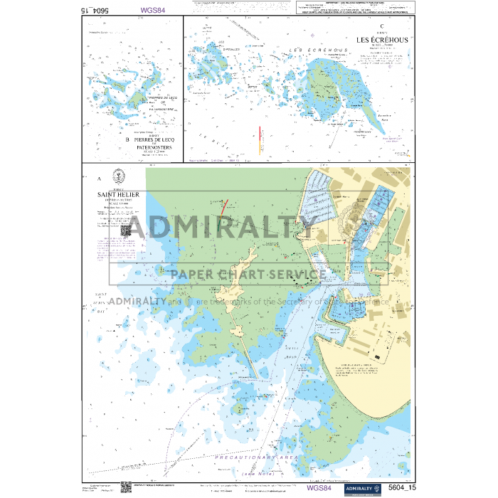 **Admiralty Small Craft Chart 5604 - The Channel Islands** offers a detailed nautical view of Saint Helier, showcasing coastal and underwater topography of the harbor area. This chart is an essential tool for maritime experts, providing depth measurements, landmarks, navigational aids, and locations of piers, docks, and marine infrastructure. An inset features the nearby Les Écréhous.