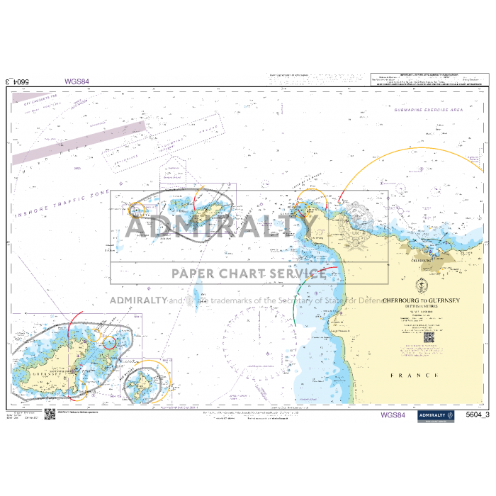 The Admiralty Small Craft Charts - 5604 - The Channel Islands by Admiralty is a nautical chart illustrating the waters around the Channel Islands and the coast of France. It contains detailed information on coastal navigation routes, coastal features, and various islands such as Jersey, Guernsey, and Alderney. Utilized by maritime experts, this chart marks coastlines, depths, and navigational hazards.