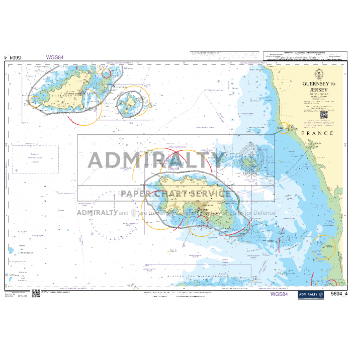 The Admiralty Small Craft Charts - 5604 - The Channel Islands details Guernsey and Jersey, offering comprehensive coastal navigation information. It features depth contours, navigational aids, and sea routes, with the coasts of France and part of England also visible. This chart is marked by Admiralty for maritime experts.