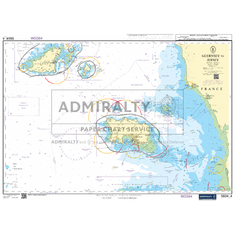 The Admiralty Small Craft Charts - 5604 - The Channel Islands details Guernsey and Jersey, offering comprehensive coastal navigation information. It features depth contours, navigational aids, and sea routes, with the coasts of France and part of England also visible. This chart is marked by Admiralty for maritime experts.