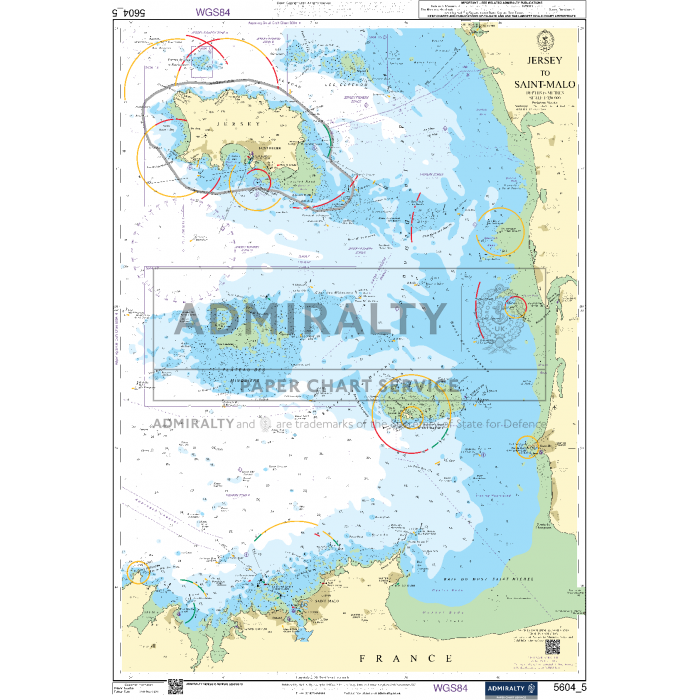 Admiralty's Small Craft Chart 5604_5: Jersey to Saint-Malo provides a detailed representation of the maritime areas between Jersey and Saint-Malo, enhanced with current navigation aids. It illustrates water depths, islands, coastal features, and markers, and includes a scale and compass rose for precise sailing guidance.