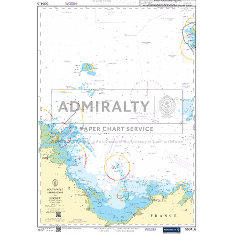 The Admiralty Small Craft Chart 5604_6: South West Approaches to Jersey illustrates the sea routes, depth markings, and coastal outlines of France and nearby islands. This chart includes navigational symbols, details from the Admiralty Small Craft Chart collection by Admiralty, UK Hydrographic Office markings, and is formatted with WGS84 at the top.