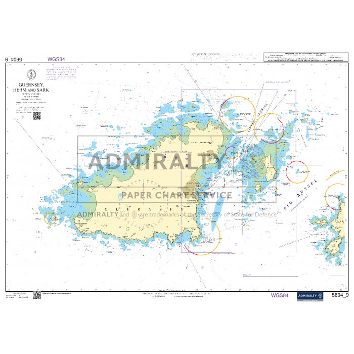 The "Admiralty Small Craft Charts - 5604 - The Channel Islands" by Admiralty provides a detailed nautical chart of the Channel Islands, covering Guernsey, Herm, and Sark. It highlights various depths, coastal features, and navigational markers essential for coastal navigation. The chart also includes latitude and longitude references tailored for maritime experts.