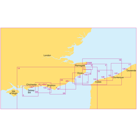 A map depicting the southeastern coast of England and the northwestern coast of France, specifically outlined for coastal navigation using Admiralty Small Craft Charts - 5605 - Channel - Chichester to Oostende. Various crossing routes are delineated within a grid system, covering key locations such as the Isle of Wight, Brighton, Dover, Calais, and Dunkerque.