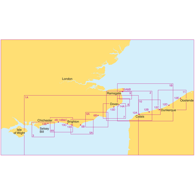 A map depicting the southeastern coast of England and the northwestern coast of France, specifically outlined for coastal navigation using Admiralty Small Craft Charts - 5605 - Channel - Chichester to Oostende. Various crossing routes are delineated within a grid system, covering key locations such as the Isle of Wight, Brighton, Dover, Calais, and Dunkerque.