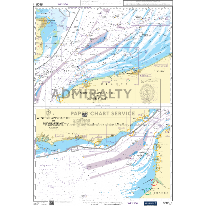 The "Admiralty Small Craft Charts - 5605 - Channel - Chichester to Oostende" by Admiralty, shows the northern and western approaches to the Dover Strait in the English Channel, detailing coastlines of England and France. It includes markings for water depths, shipping routes, navigation aids, maritime safety notes, and hazards with a WGS84 reference.