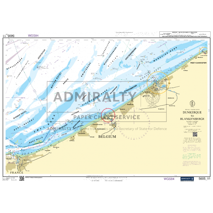 The Admiralty Small Craft Chart - 5605 - Channel - Chichester to Oostende, created by the UK Hydrographic Office, provides detailed coastal navigation information including depths, buoy positions, and shipping routes for enhanced maritime safety along the North Sea coastline from Dunkerque in France to Blankenberge in Belgium.