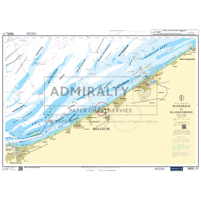 Experience the Admiralty Small Craft Chart 5605_11: Dunkerque to Blankenberge, a nautical chart from the renowned brand Admiralty. This chart provides detailed shipping routes, water depths, and essential navigation aids along the North Sea coast. The coastal borders of France, Belgium, and the UK are clearly marked for ease of navigation.