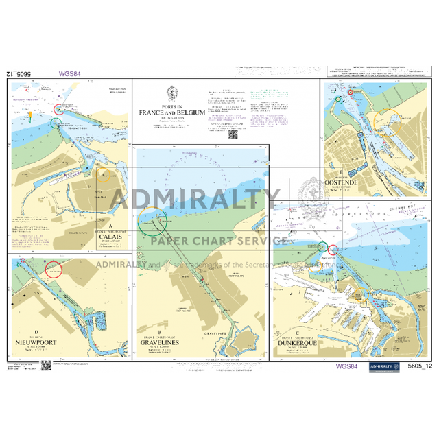 The Admiralty Small Craft Chart 5605_12, created by the UK Hydrographic Office, provides key navigation aids for ports in France and Belgium, including Nieuwpoort, Oostende, Dunkerque, Gravelines, and Calais. This chart from Admiralty features colored markers and detailed notes on geographical features.