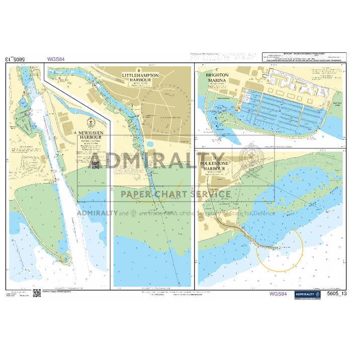 The Admiralty Small Craft Charts - 5605 - Channel - Chichester to Oostende is a detailed nautical chart featuring the harbors of Littlehampton, Newhaven, and Folkestone, along with Brighton Marina. It includes navigational aids, depth soundings, and coastline features. Each chart comes complete with labels and an Admiralty watermark to enhance coastal navigation for maritime safety.