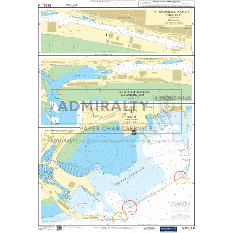 The Admiralty Small Craft Chart - 5605, covering the Channel from Chichester to Oostende, is ideal for coastal navigation around Shoreham Harbour. This chart features detailed information on water depths, navigational aids, and significant geographical features for the Eastern Arm and Canal areas. Key spots are marked with red circles, and the Admiralty Small Craft Charts logo is prominently centered on the map.