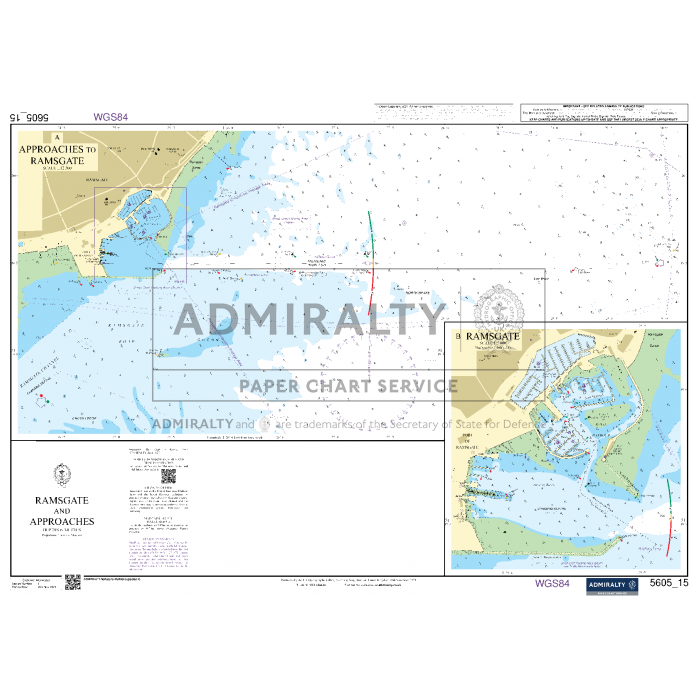 An Admiralty nautical chart labeled "Small Craft Charts - 5605 - Channel - Chichester to Oostende" with detailed illustrations of sea routes, depths, landmarks, and navigational aids around the Channel. Insets of smaller maps offer more focused views of specific harbor areas, promoting maritime safety. The chart includes Admiralty and WGS84 notations.