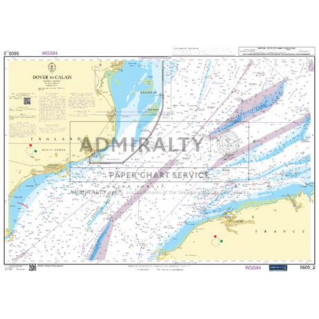 Admiralty's Small Craft Chart 5605_2: Dover to Calais displays navigation routes, depths, and maritime features across the English Channel. It includes markings for lighthouses, buoys, and shipping lanes, along with terrain details of the adjacent coastlines.