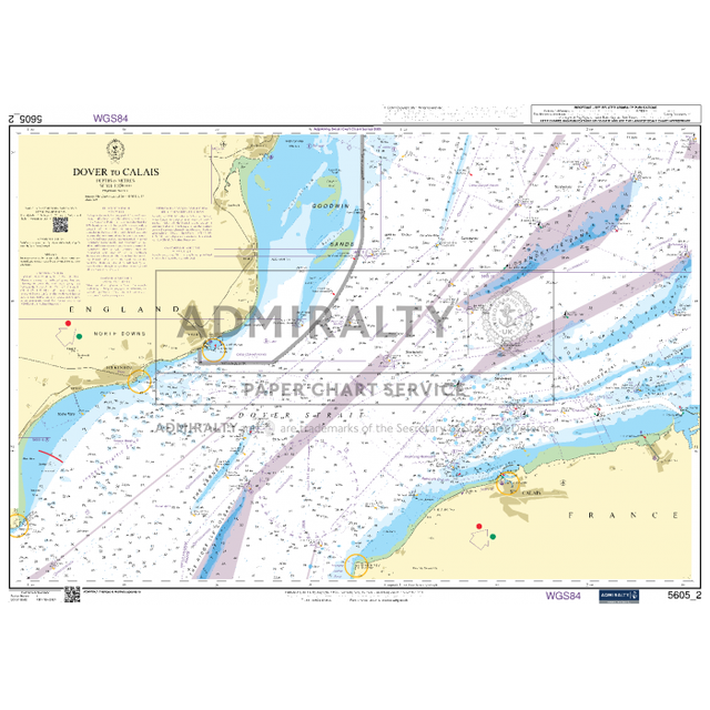 Admiralty's Small Craft Chart 5605_2: Dover to Calais displays navigation routes, depths, and maritime features across the English Channel. It includes markings for lighthouses, buoys, and shipping lanes, along with terrain details of the adjacent coastlines.