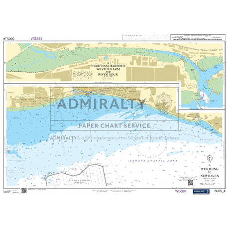 The Admiralty Small Craft Charts - 5605 - Channel - Chichester to Oostende includes a detailed nautical chart of Shoreham Harbour, the River Adur, and surrounding areas. This chart features depths, navigational aids for coastal navigation, and landmarks, along with insets and various annotations. Labels include "Admiralty Paper Chart Service," "Shoreham Harbour Western Arm," and "River Adur.