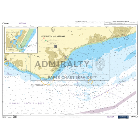 The Admiralty Small Craft Chart 5605_5: Newhaven to Hastings, produced by Admiralty, displays the southern coast of England with detailed maritime information such as coordinates, depths, and navigation aids, along with insets showing specific coastal areas.