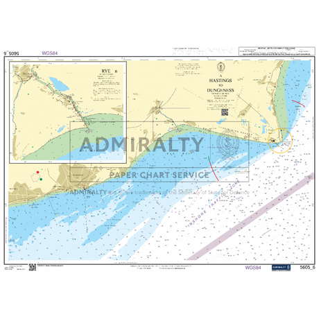 The Admiralty Small Craft Chart 5605_6: Hastings to Dungeness, produced by Admiralty, provides a detailed depiction of depths, navigation routes, and landmarks for improved maritime navigation. It includes labelings such as "Rye Bay" and "Admiralty Paper Chart Service," with blue-shaded sea areas enhancing its usability.