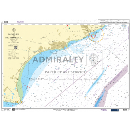 An Admiralty Small Craft Chart, numbered "5605," detailing the Channel from Chichester to Oostende. This chart provides thorough information on water depths, buoy placements, and coastline features. It includes navigational aids and markings for maritime safety and bears the Admiralty logo for coastal navigation.