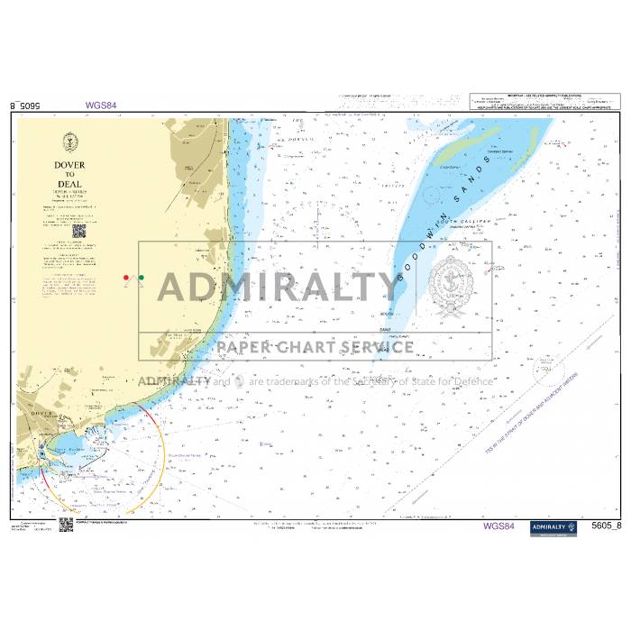 Admiralty Small Craft Chart 5605 showcases the coastline from Dover to Deal, featuring water depths, navigational aids, coastal characteristics, and maritime hazards to ensure safe navigation. The chart prominently displays the Admiralty brand title at the center. To the right, a blue-shaded area signifies deeper waters crucial for maritime safety.