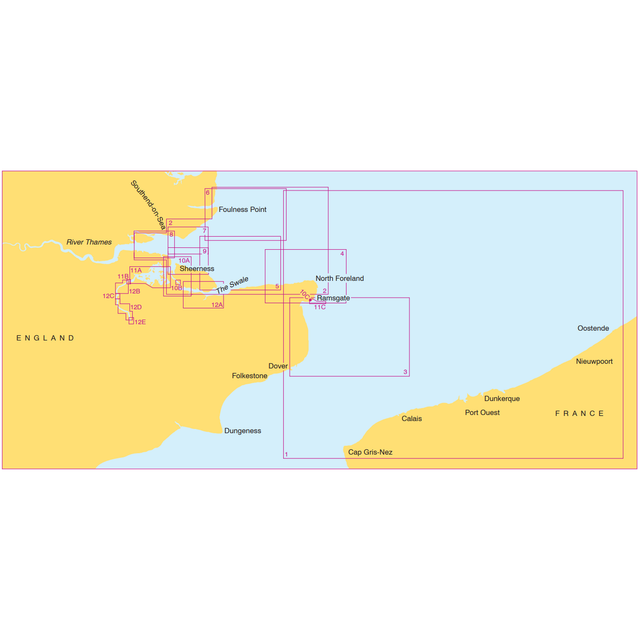 A map titled "Admiralty Small Craft Charts - 5606 - Thames Estuary, Ramsgate to Canvey" by Admiralty, depicting the southeastern coast of England and the northern coast of France. Key locations such as the River Thames, Foulness Point, Dover, Folkestone, North Foreland, Dungeness, Calais, Dunkerque, and Cap Gris-Nez are labeled. Ideal for maritime experts in coastal navigation with detailed small craft charts included.