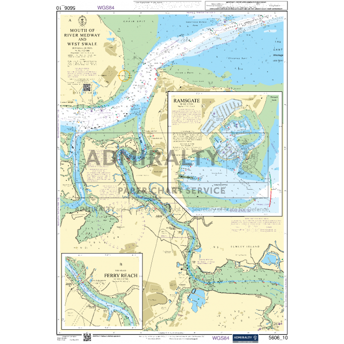 The Admiralty Small Craft Charts - 5606: Thames Estuary, Ramsgate to Canvey is an essential tool for maritime experts, offering detailed navigational information such as water depths, coastal features, landmarks, and maritime routes. This chart covers the River Medway and surrounding coastal areas with comprehensive maps of Ramsgate and Ferry Reach, making it ideal for coastal navigation.