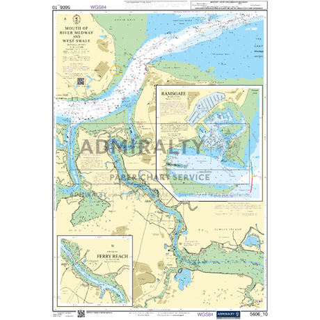 The Admiralty Small Craft Charts - 5606: Thames Estuary, Ramsgate to Canvey is an essential tool for maritime experts, offering detailed navigational information such as water depths, coastal features, landmarks, and maritime routes. This chart covers the River Medway and surrounding coastal areas with comprehensive maps of Ramsgate and Ferry Reach, making it ideal for coastal navigation.