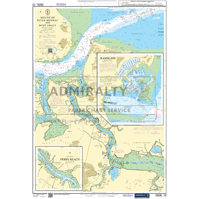 The Admiralty Small Craft Chart 5606_10: Mouth of River Medway and West Swale offers a nautical chart featuring the River Medway and surrounding areas. It details coastal features, water depths, and landmarks crucial for maritime navigation. Insets provide detailed maps of Ramsgate and Ferry Reach, offering comprehensive guidance from the UK Hydrographic Office.