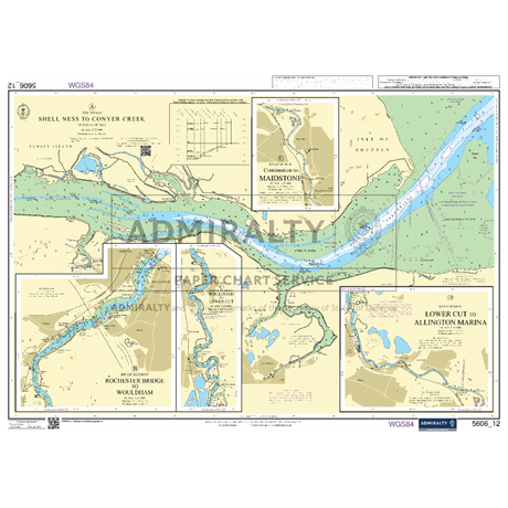 A nautical chart titled "Admiralty Small Craft Charts - 5606 - Thames Estuary, Ramsgate to Canvey," designed for maritime experts, showing the waterways and coastal areas with detailed insets of Maidstone, Rochester Bridge to Wouldham, and Lower Cut to Allington Marina. The Admiralty chart is marked with navigational information and depth measurements.