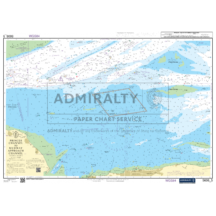 A detailed nautical chart titled "Admiralty Small Craft Charts - 5606 - Thames Estuary, Ramsgate to Canvey," showcasing the Prince's Channel and Medway Approach in the United Kingdom. Perfect for coastal navigation, the map includes depth soundings, nautical routes, buoys, and other navigational aids used by maritime experts. Text and symbols are visible throughout the chart.