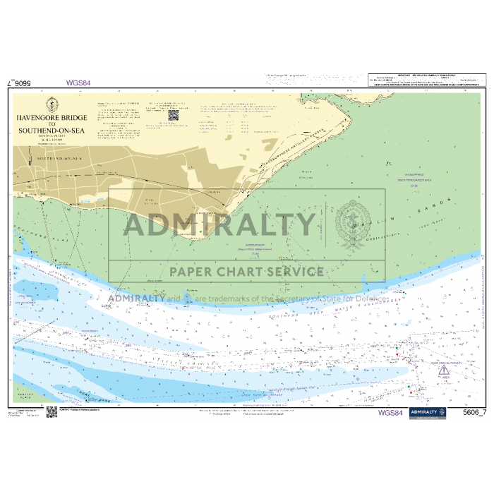 Admiralty Small Craft Chart 5606_7: Havengore Bridge to Southend-on-Sea, featuring Admiralty branding, displays water depths, navigation routes, and coastal landmarks with navigation aids and symbols from the UK Hydrographic Office.