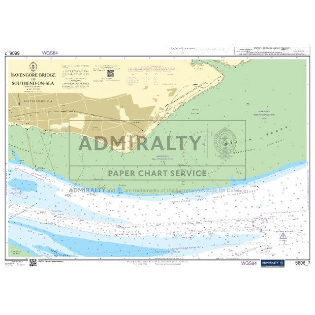 Admiralty Small Craft Chart 5606_7: Havengore Bridge to Southend-on-Sea, featuring Admiralty branding, displays water depths, navigation routes, and coastal landmarks with navigation aids and symbols from the UK Hydrographic Office.