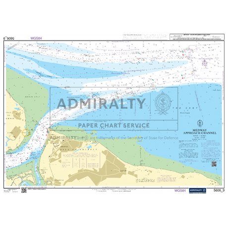 A detailed nautical chart titled "Admiralty Small Craft Charts - 5606 - Thames Estuary, Ramsgate to Canvey," featuring depth contours, navigational aids, and landmarks for coastal navigation. The chart includes vast water areas, marked depths, and land sections in light green, bordered by the Admiralty logo. Ideal for maritime experts.