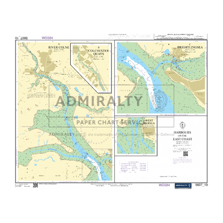 The Admiralty Small Craft Chart - 5607, Thames Estuary, Essex and Suffolk from the reputable Admiralty brand, is an essential nautical chart for safe coastal navigation. This detailed map covers the River Colne and Brightlingsea on the East Coast, featuring comprehensive layouts of Colchester Quays, precise water depths, vital navigation aids, and significant landmarks with coordinates. The center prominently displays the Admiralty Paper Chart Service logo.