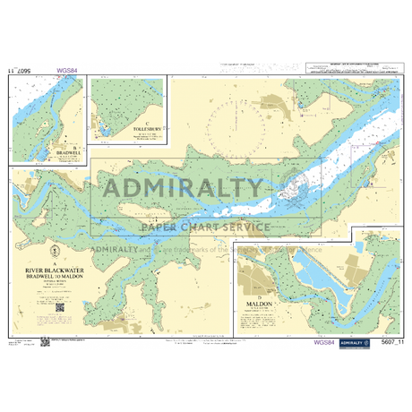 The Admiralty Small Craft Chart 5607, titled "Thames Estuary, Essex and Suffolk," features detailed maps for safe coastal navigation from Bradwell to Maldon along the River Blackwater. It includes water routes, depths, and coastal areas. Insets offer closer views of Tollesbury, Goldhanger Creek, Heybridge Basin, and Maldon. Admiralty markings and Weekly Notices to Mariners are included.