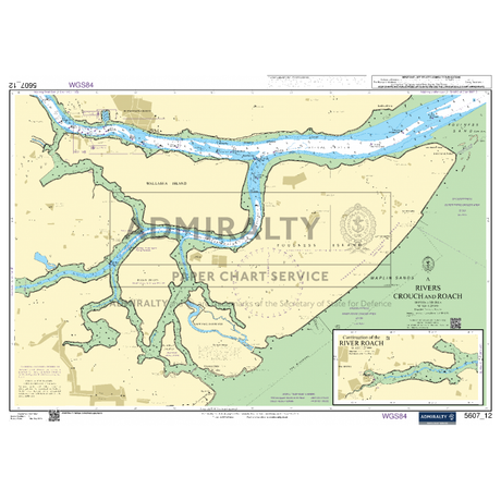 The Admiralty Small Craft Charts - 5607 - Thames Estuary, Essex and Suffolk by Admiralty are perfect for secure coastal navigation. This chart provides detailed coverage of the Rivers Crouch and Roach, highlighting numerous inlets, estuaries, and adjacent land areas. It includes essential geographical details and depth measurements, with an inset at the bottom right offering a zoomed-in view of River Roach. The chart also features clearly visible text labels and coordinates.