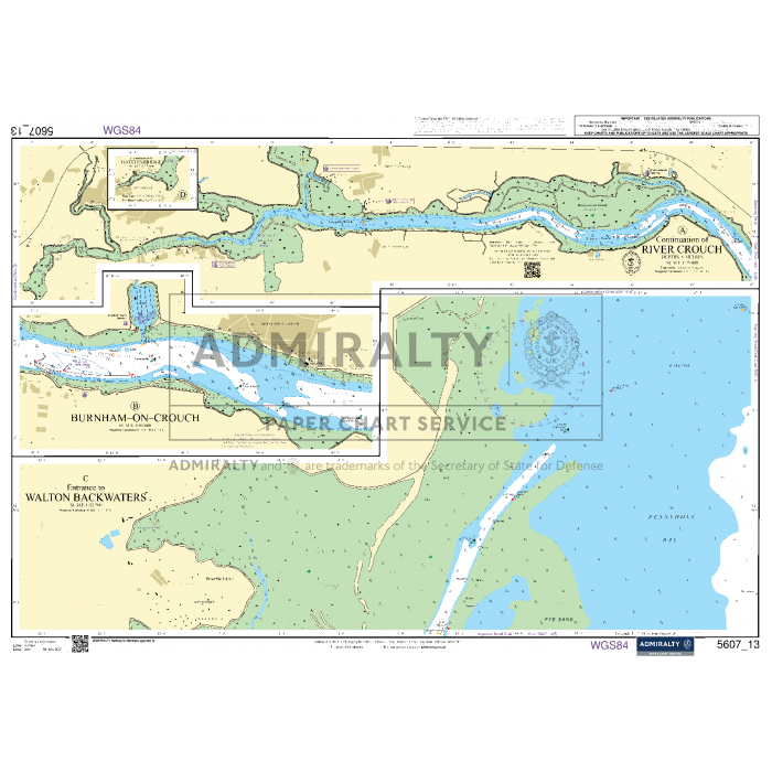 The Admiralty Small Craft Chart 5607, covering the Thames Estuary, Essex, and Suffolk, provides detailed information about the waters around Burnham-on-Crouch, River Crouch, and Walton Backwaters. The chart includes navigational aids, water depths, landmasses, and marked maritime routes for safe coastal navigation. It is regularly updated with Weekly Notices to Mariners to ensure accuracy.