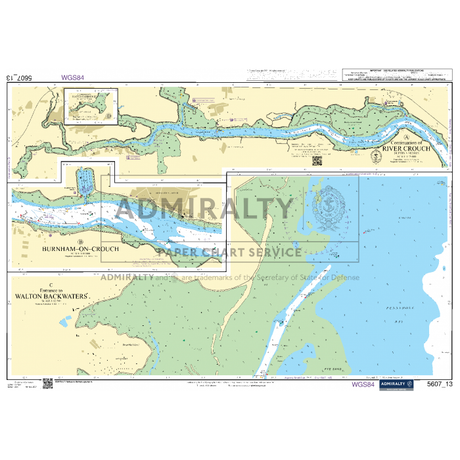 The Admiralty Small Craft Chart 5607, covering the Thames Estuary, Essex, and Suffolk, provides detailed information about the waters around Burnham-on-Crouch, River Crouch, and Walton Backwaters. The chart includes navigational aids, water depths, landmasses, and marked maritime routes for safe coastal navigation. It is regularly updated with Weekly Notices to Mariners to ensure accuracy.