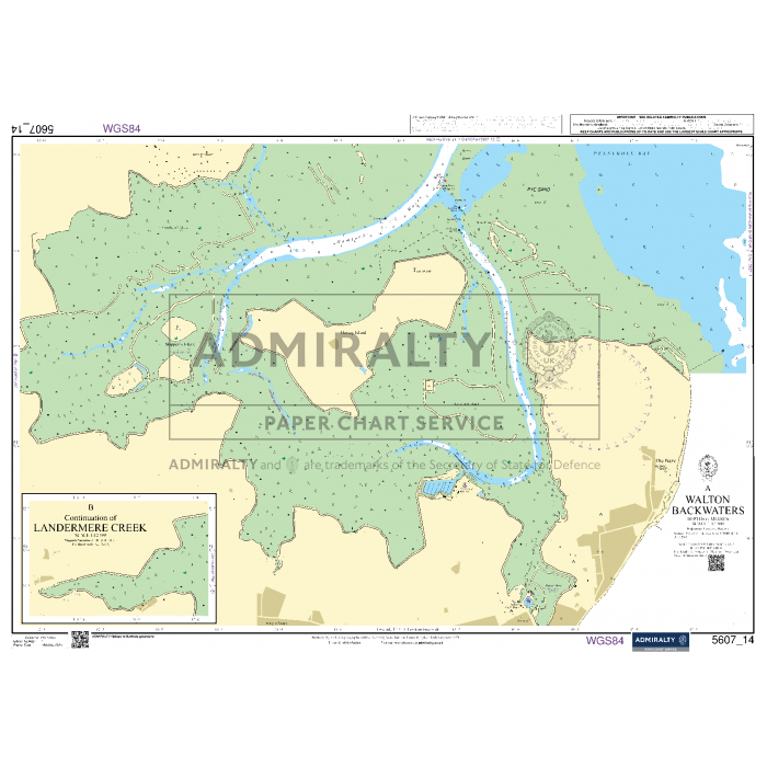 Admiralty Small Craft Chart 5607_14: Walton Backwaters showcases the waterways, depth contours, and navigational aids of Walton Backwaters and Landermere Creek. This chart includes the UK Hydrographic Office's Admiralty logo and trademark for precise navigation details.