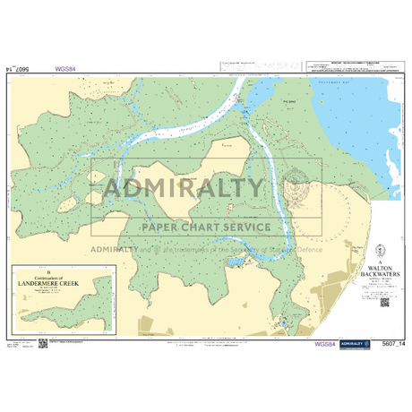 Admiralty Small Craft Chart 5607_14: Walton Backwaters showcases the waterways, depth contours, and navigational aids of Walton Backwaters and Landermere Creek. This chart includes the UK Hydrographic Office's Admiralty logo and trademark for precise navigation details.