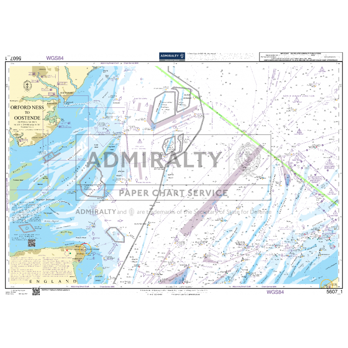 The Admiralty Small Craft Chart 5607_1: Orford Ness to Oostende, by the brand Admiralty, offers up-to-date navigation aids for the sea between Orford Ness and Oostende. It provides detailed information on shipping routes, water depths, coastal areas, and navigation symbols, with landmasses of England and surrounding European regions clearly visible.