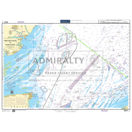 The Admiralty Small Craft Chart 5607_1: Orford Ness to Oostende, by the brand Admiralty, offers up-to-date navigation aids for the sea between Orford Ness and Oostende. It provides detailed information on shipping routes, water depths, coastal areas, and navigation symbols, with landmasses of England and surrounding European regions clearly visible.