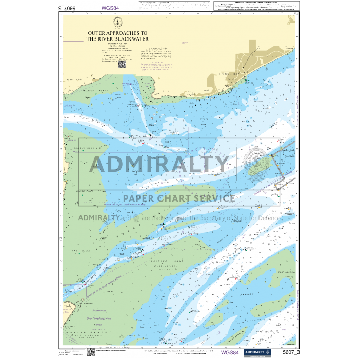 An Admiralty Small Craft Chart titled "5607 - Thames Estuary, Essex and Suffolk," featuring detailed marine navigation information. The chart includes depths, land elevations, navigational aids, and geological features for safe coastal navigation near the River Black Water. The Admiralty logo is centered on the chart.