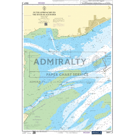 An Admiralty Small Craft Chart titled "5607 - Thames Estuary, Essex and Suffolk," featuring detailed marine navigation information. The chart includes depths, land elevations, navigational aids, and geological features for safe coastal navigation near the River Black Water. The Admiralty logo is centered on the chart.