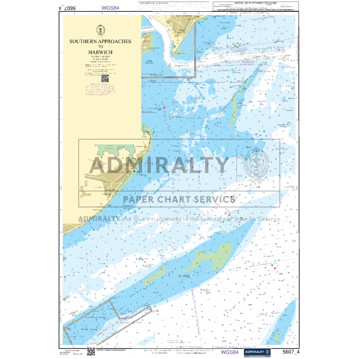 The Admiralty Small Craft Chart 5607_4: Southern Approaches to Harwich, by Admiralty, provides the most current charts showing depths, navigation aids, and coastal details. It also includes illustrations of ocean areas and land masses to aid in precise navigation.