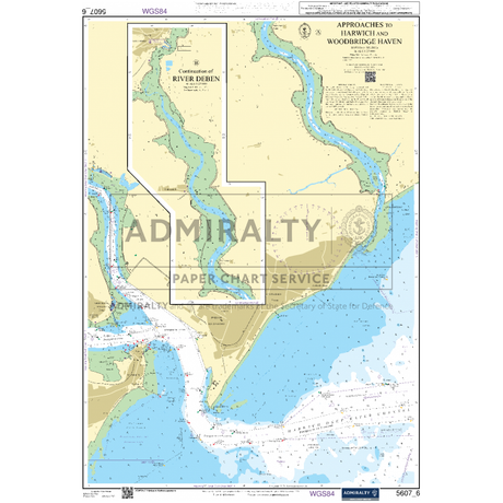 The Admiralty Small Craft Charts - 5607 - Thames Estuary, Essex and Suffolk provide a detailed nautical chart of the approaches to Harwich and Woodbridge Haven. This chart showcases depths, navigation markings, and geographic features. It also includes an inset of the River Deben for safe coastal navigation, with both areas marked with navigational aids and relevant annotations from the trusted Admiralty brand.