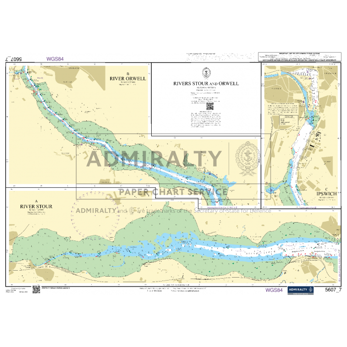 This nautical chart, part of the Admiralty Small Craft Charts - 5607 series covering the Thames Estuary, Essex, and Suffolk, illustrates the Rivers Stour and Orwell along with their surrounding areas. Detailed water depths, coastlines, hazards, and navigational aids are depicted to ensure safe coastal navigation. Insets offer close-up views of specific sections like the approach to Ipswich.